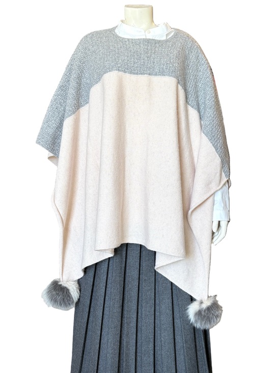 Mitchie's Sweaters - Mitchie's 100% Wool Colour Block Poncho with Real Fox Fur Pom Poms OS Cream Gray